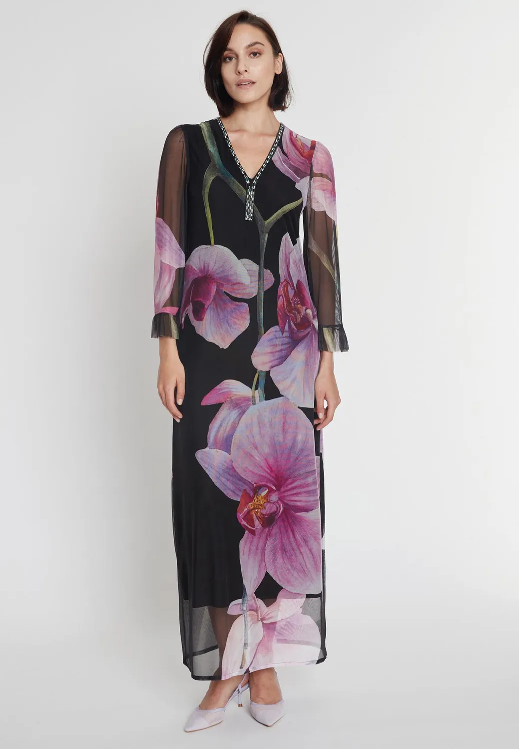 Ana Alcazar Pegasa abito caftano maxi nero stampa orchidea
