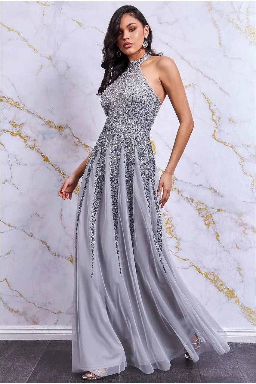 Danaya abito maxi paillettes argento schiena aperta