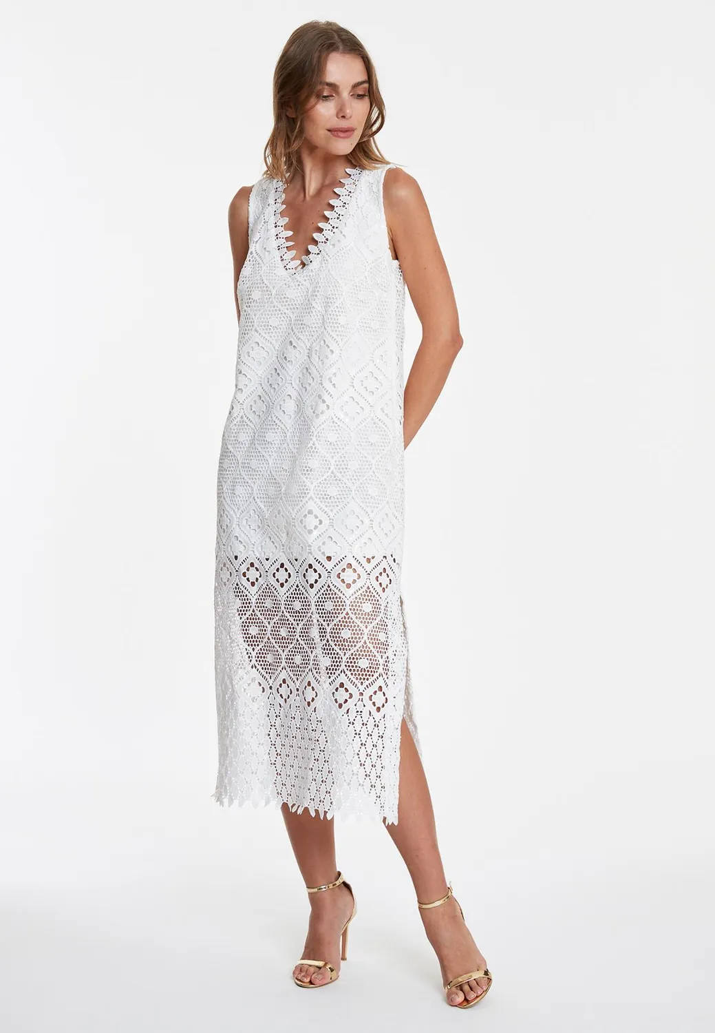 Ana Alcazar Wabora midi abito pizzo bianco scollo V
