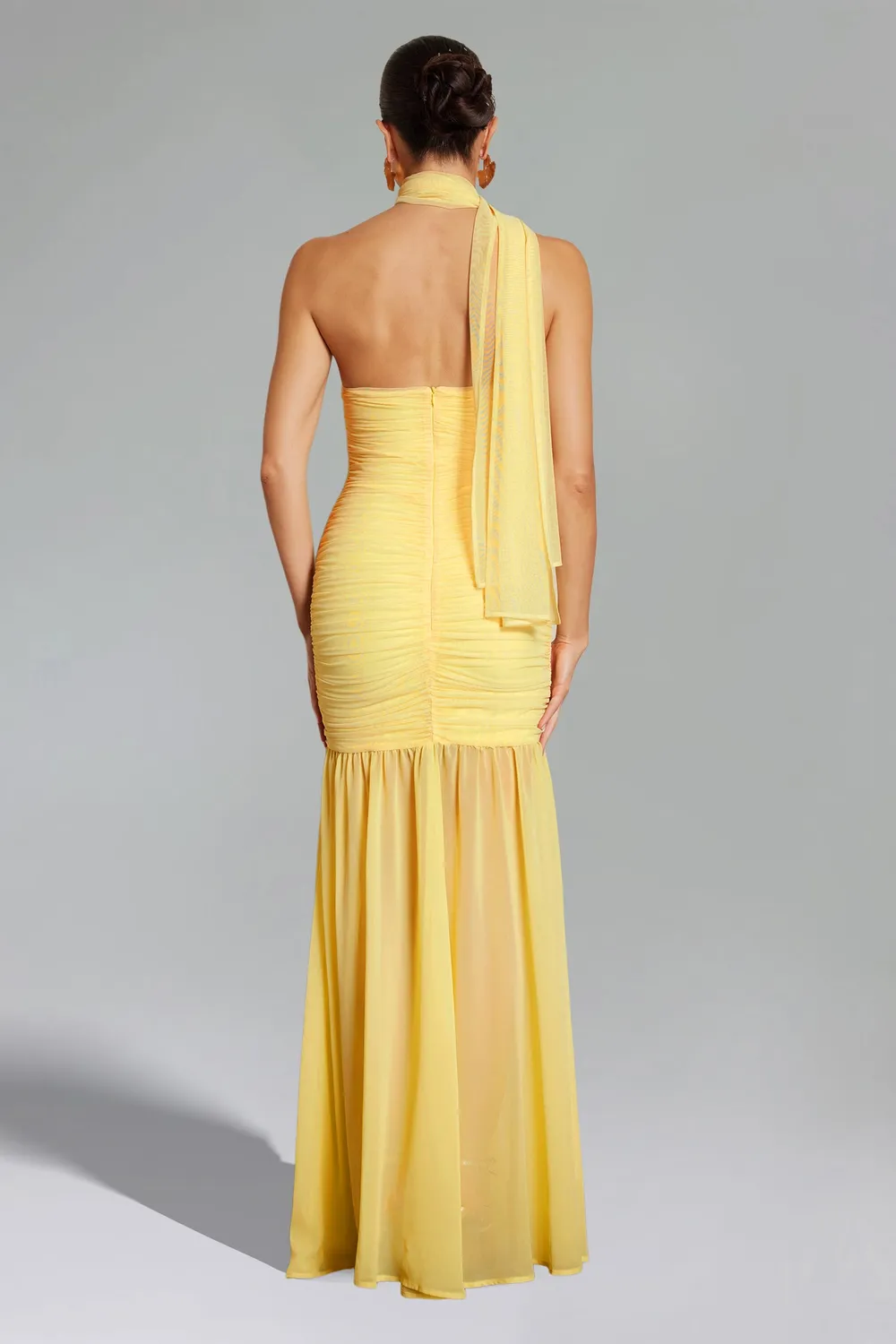 Goddiva Bella Barnett Ulasa abito maxi giallo mesh