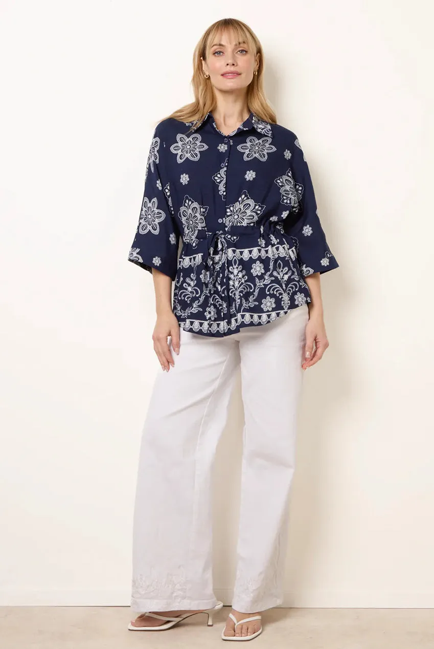 Blue Vanilla Floral 3/4 Sleeve Tie Waist Shirt camicia blu navy