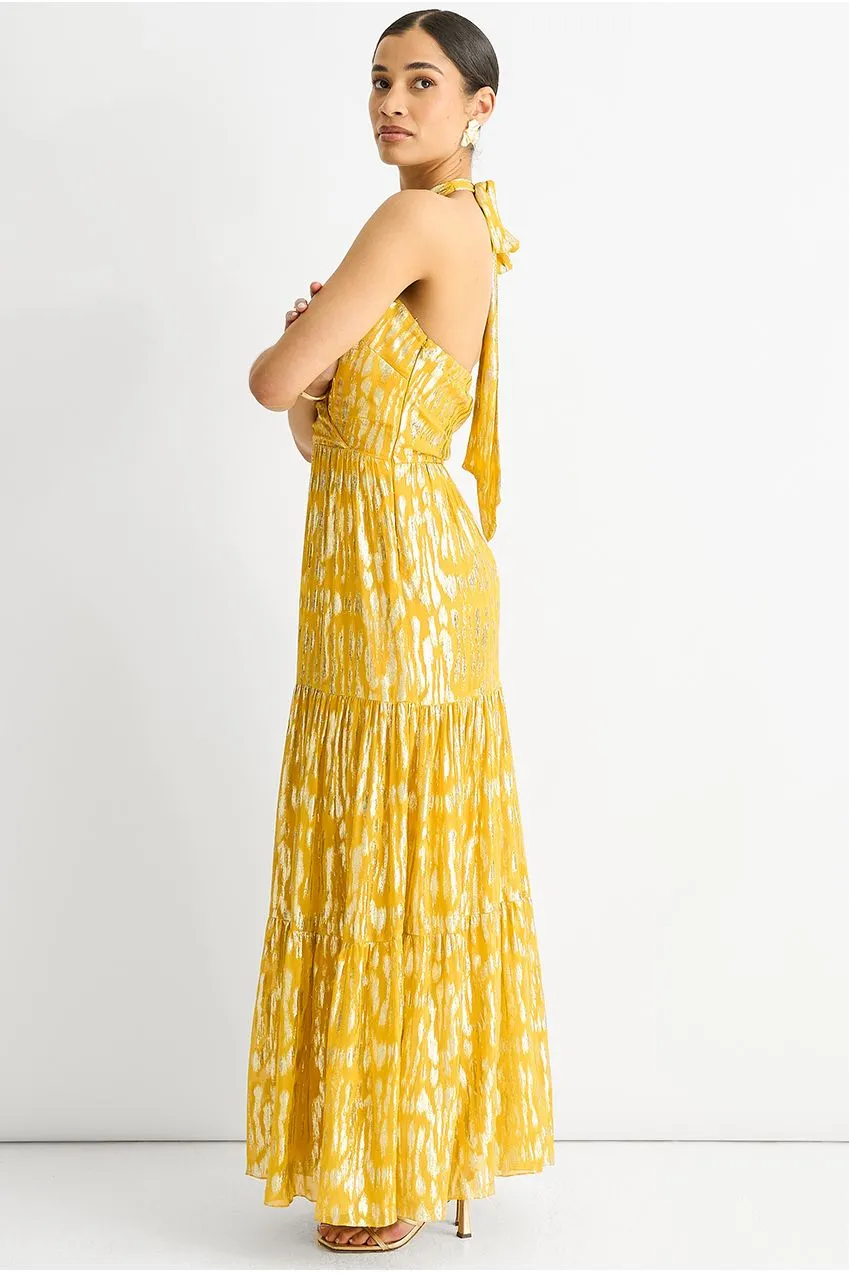 Gini London Animal Jacquard abito maxi giallo halter