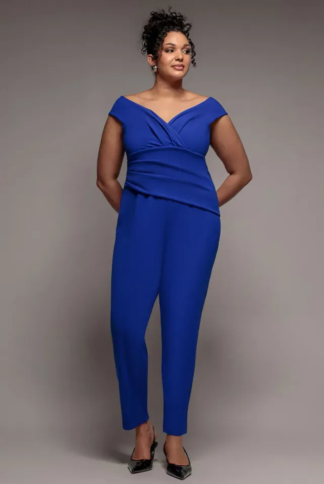 Goddiva Plus Bardot tuta blu royal scuba curvy
