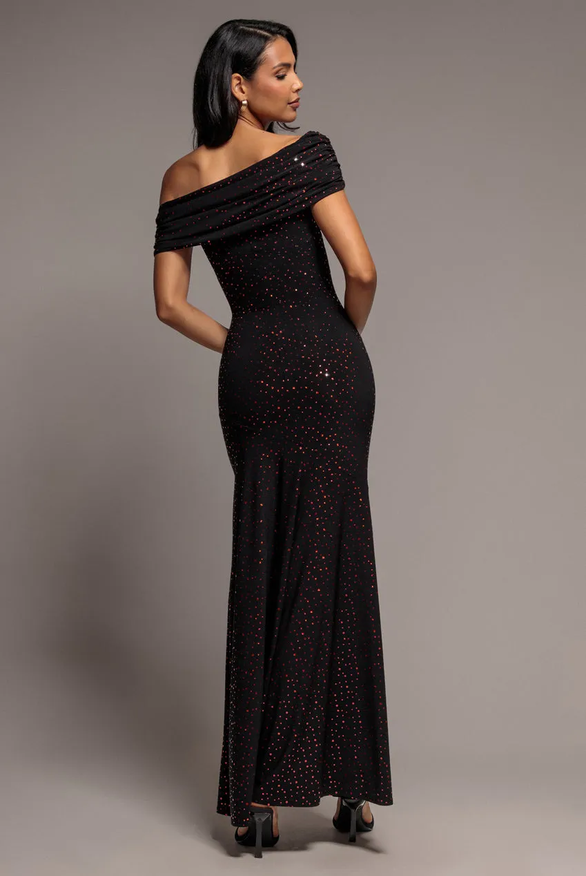 Goddiva One Shoulder Fit and Flare abito maxi paillettes nero rosso