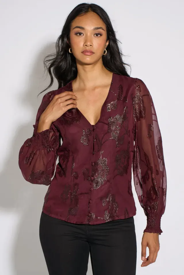 Gini London Floral Sparkle camicetta prugna jacquard