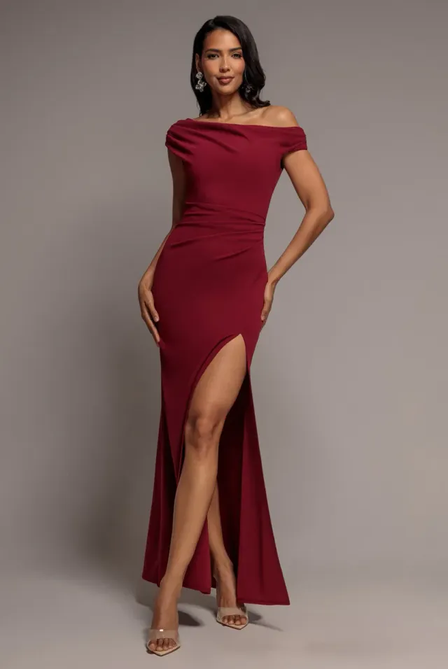 Goddiva One Shoulder Split maxi abito bordeaux scuba