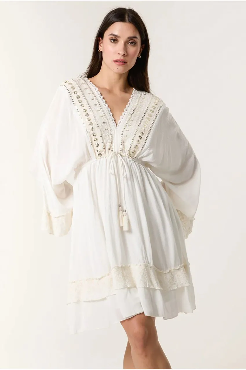 Blue Vanilla Kimono abito mini avorio viscosa ricamato