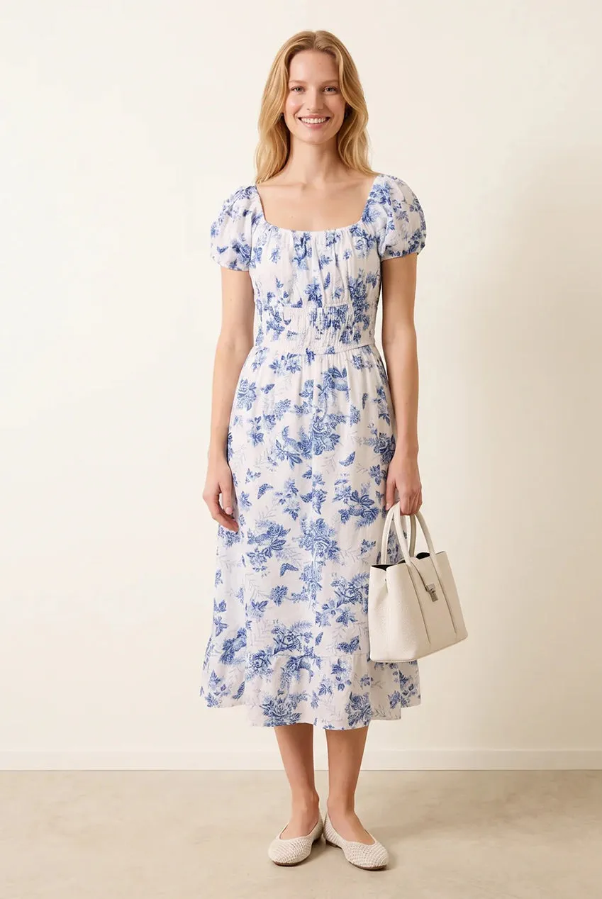 Blue Vanilla Off Shoulder abito blu midi floreale cotone