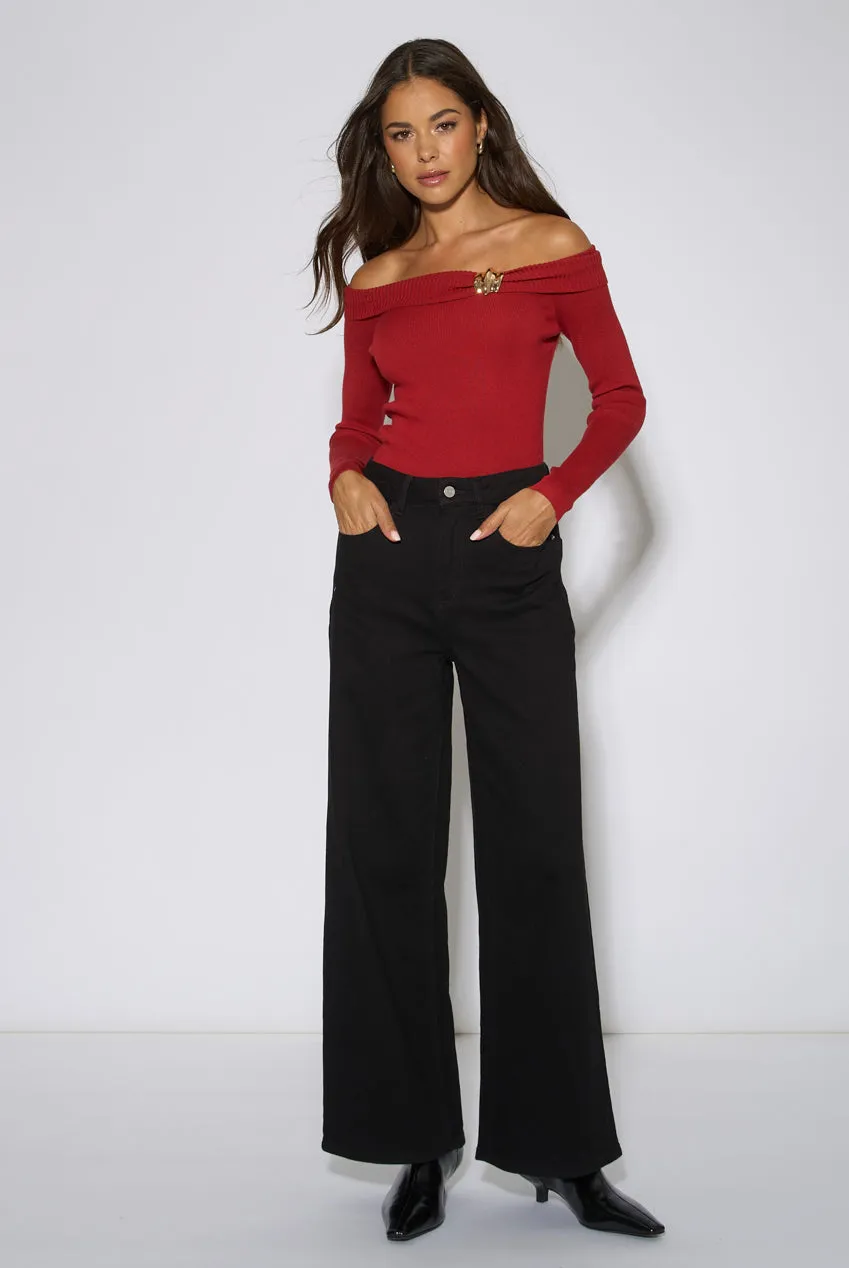 Gini London Bardot Top Rosso Bottoni Oro Manica Lunga