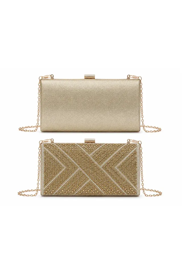 Double Second Box Clutch pochette oro strass catena