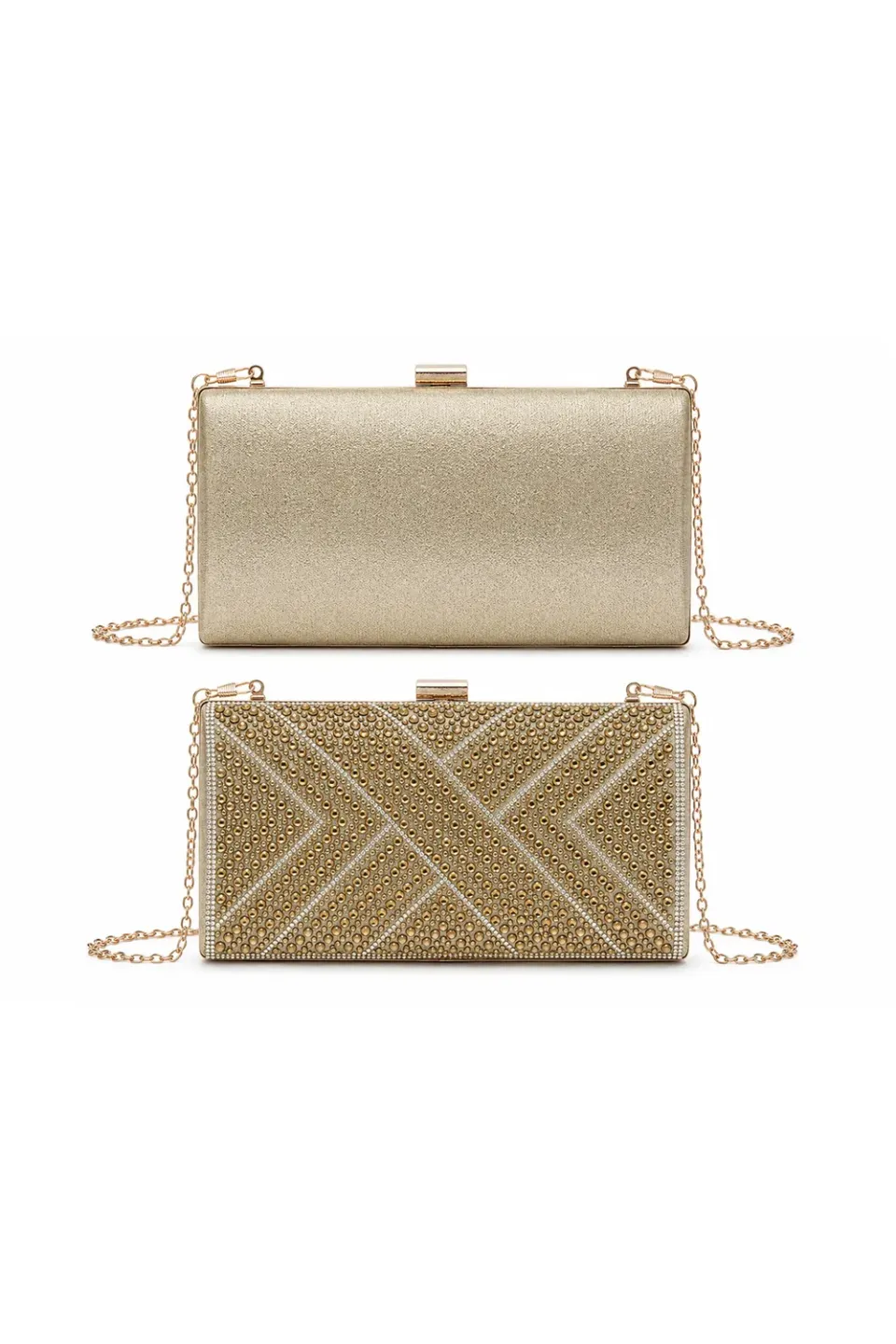 Double Second Box Clutch pochette oro strass catena