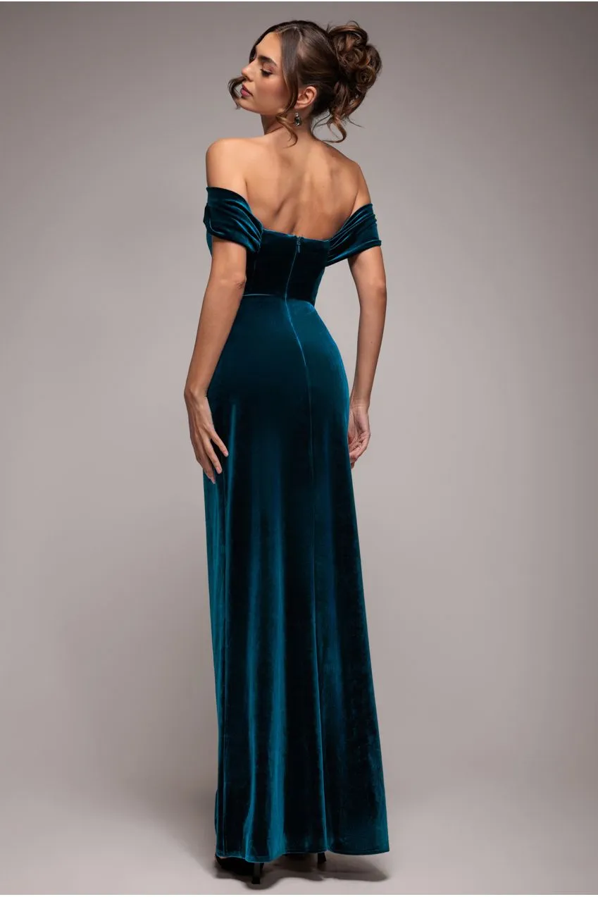 Goddiva Draped Shoulder Abito Maxi Velluto Ottanio