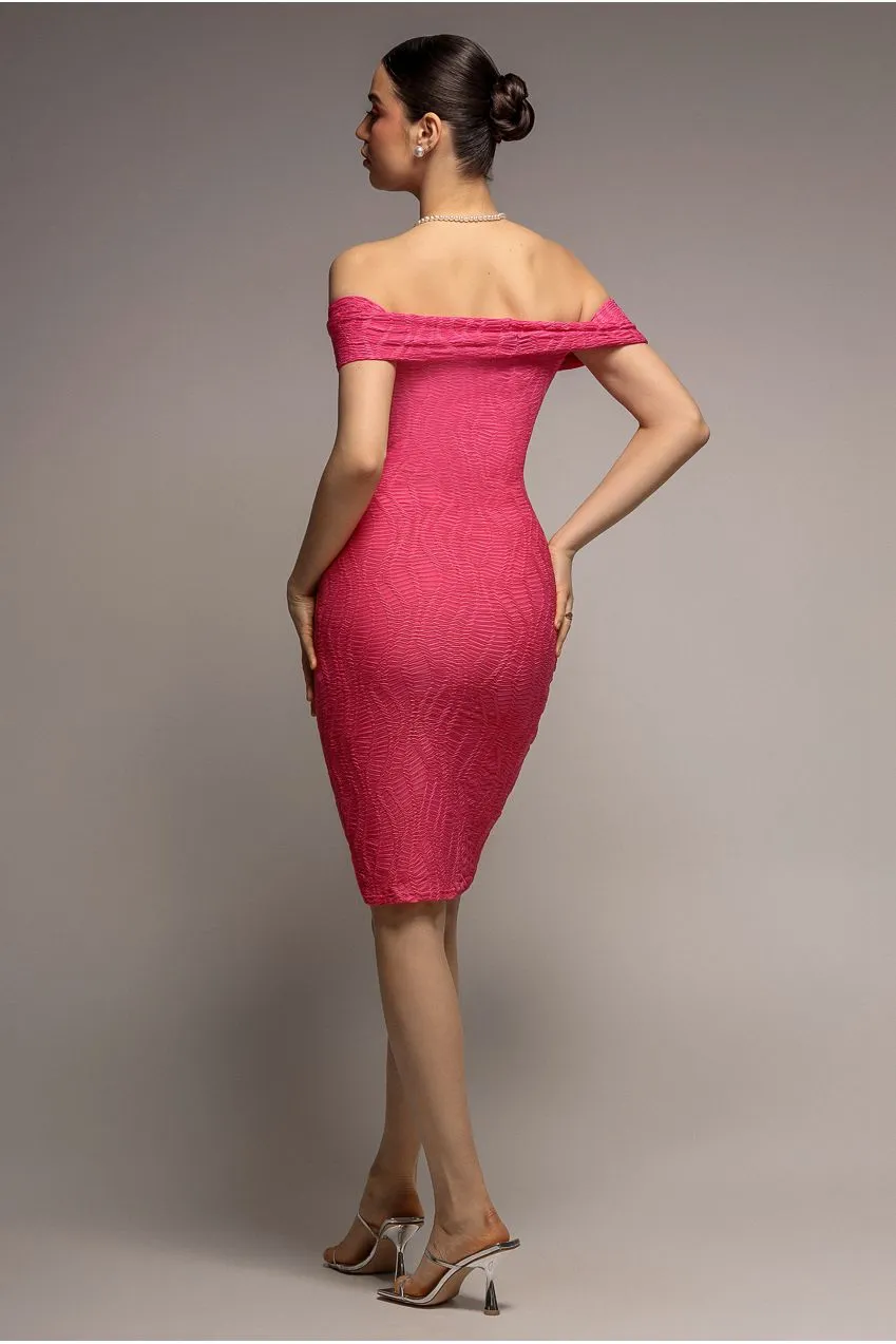 Goddiva Front Knot Twist abito midi magenta scollo Bardot