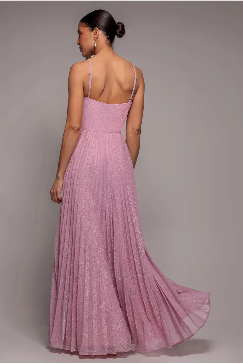 Goddiva Lurex Pleated A-Line abito maxi rosa
