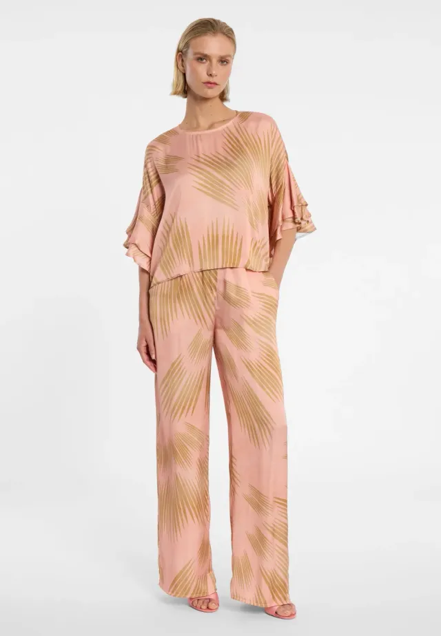 Ana Alcazar Dolia pantaloni palazzo raso rosa stampa oro
