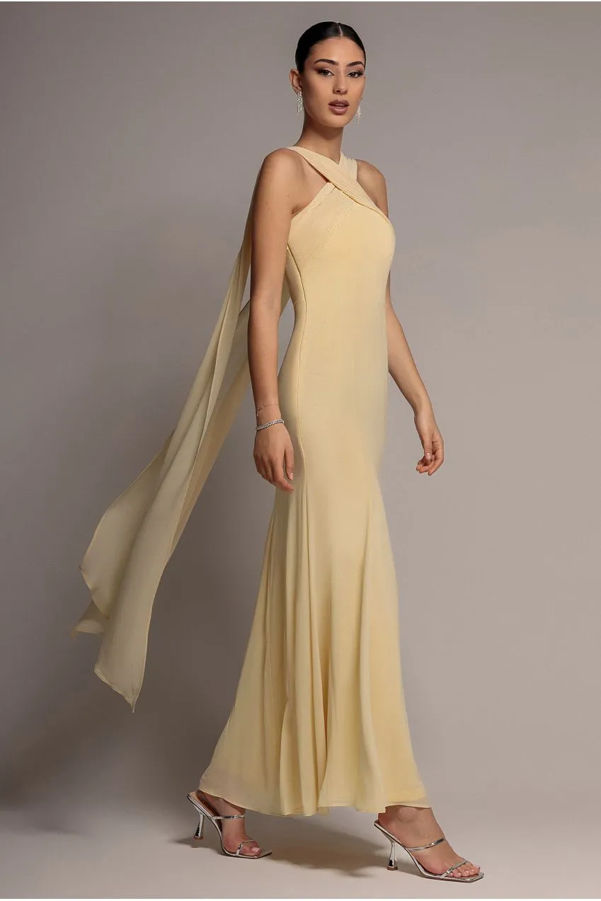 Goddiva Abito Maxi Chiffon Mermaid Giallo Burro Incrocio