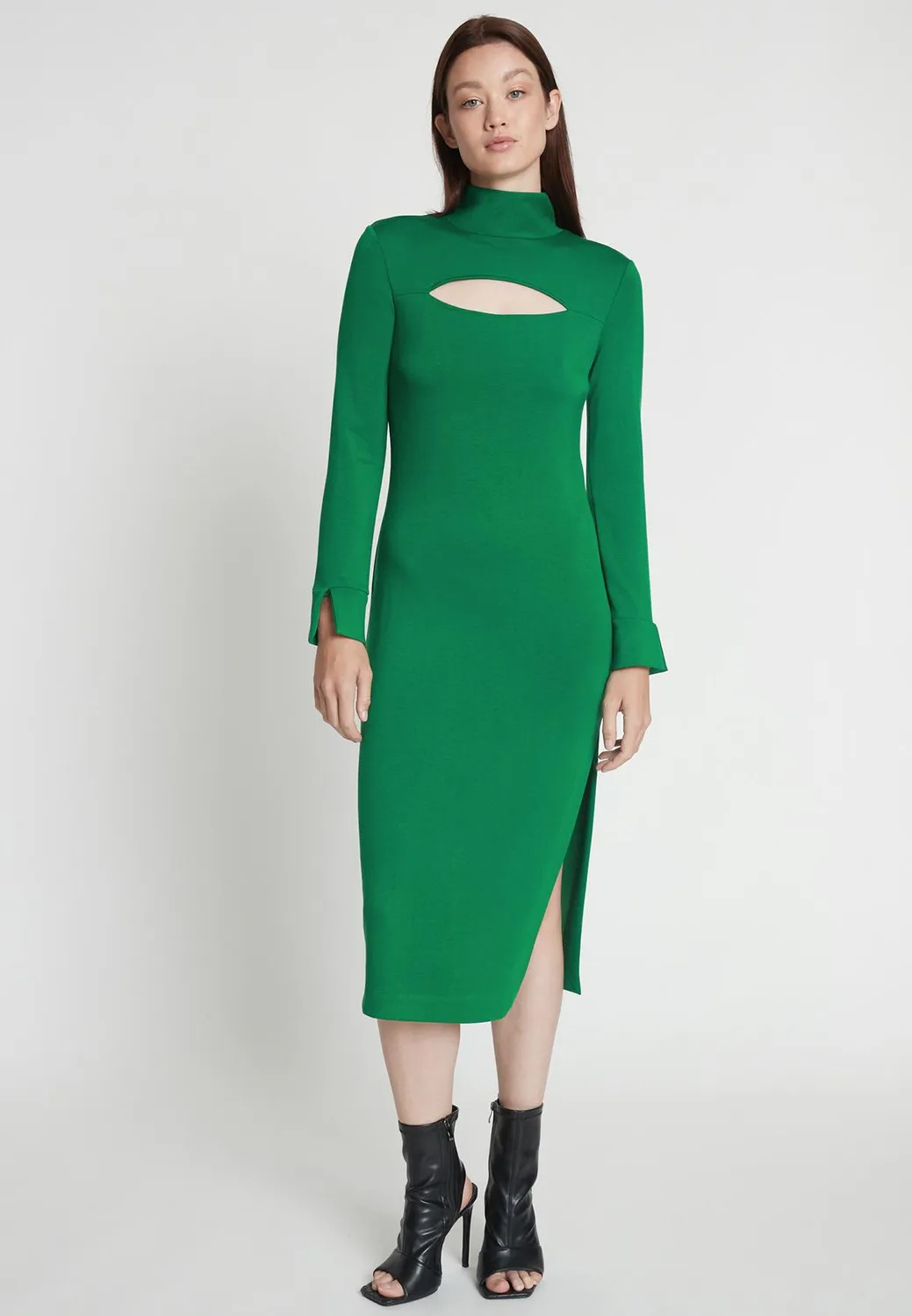 Ana Alcazar Melly abito midi verde collo alto cut-out