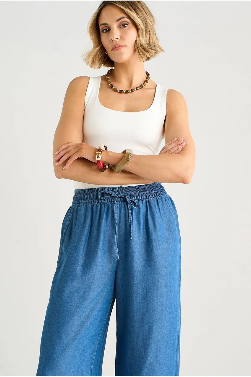 Gini London Chambray pantaloni palazzo blu vita elastica