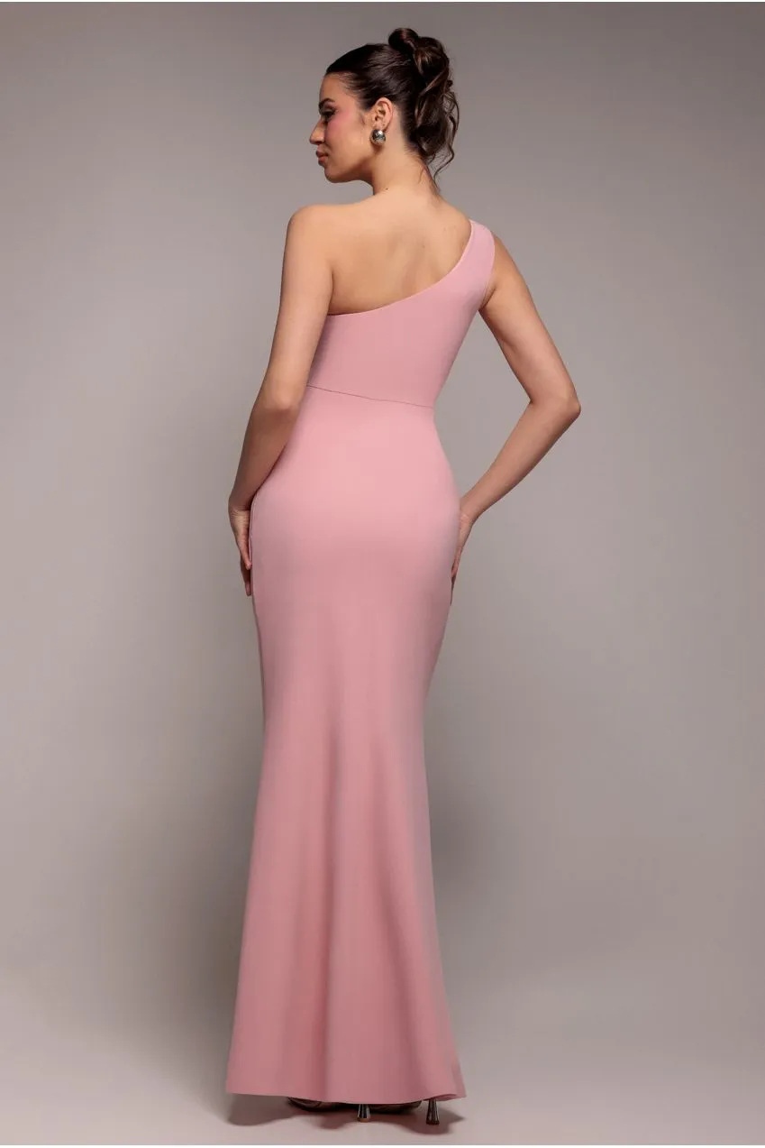 Goddiva Fan abito maxi monospalla rosa cipria