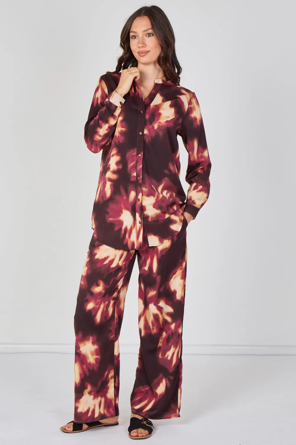 Love Sunshine coordinato camicia pantalone bordeaux fantasia