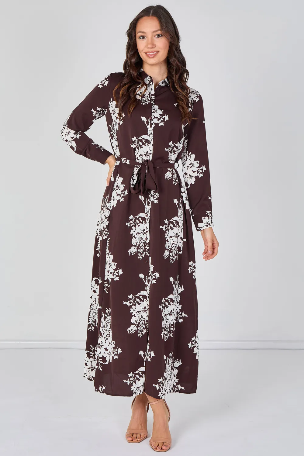Love Sunshine Floral abito camicia marrone maxi