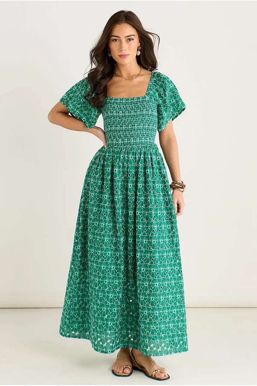 Gini London Shirred abito midi verde broderie fiori