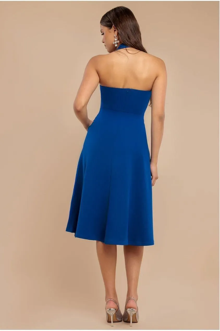 Goddiva Frilled Halter abito midi blu royal balze