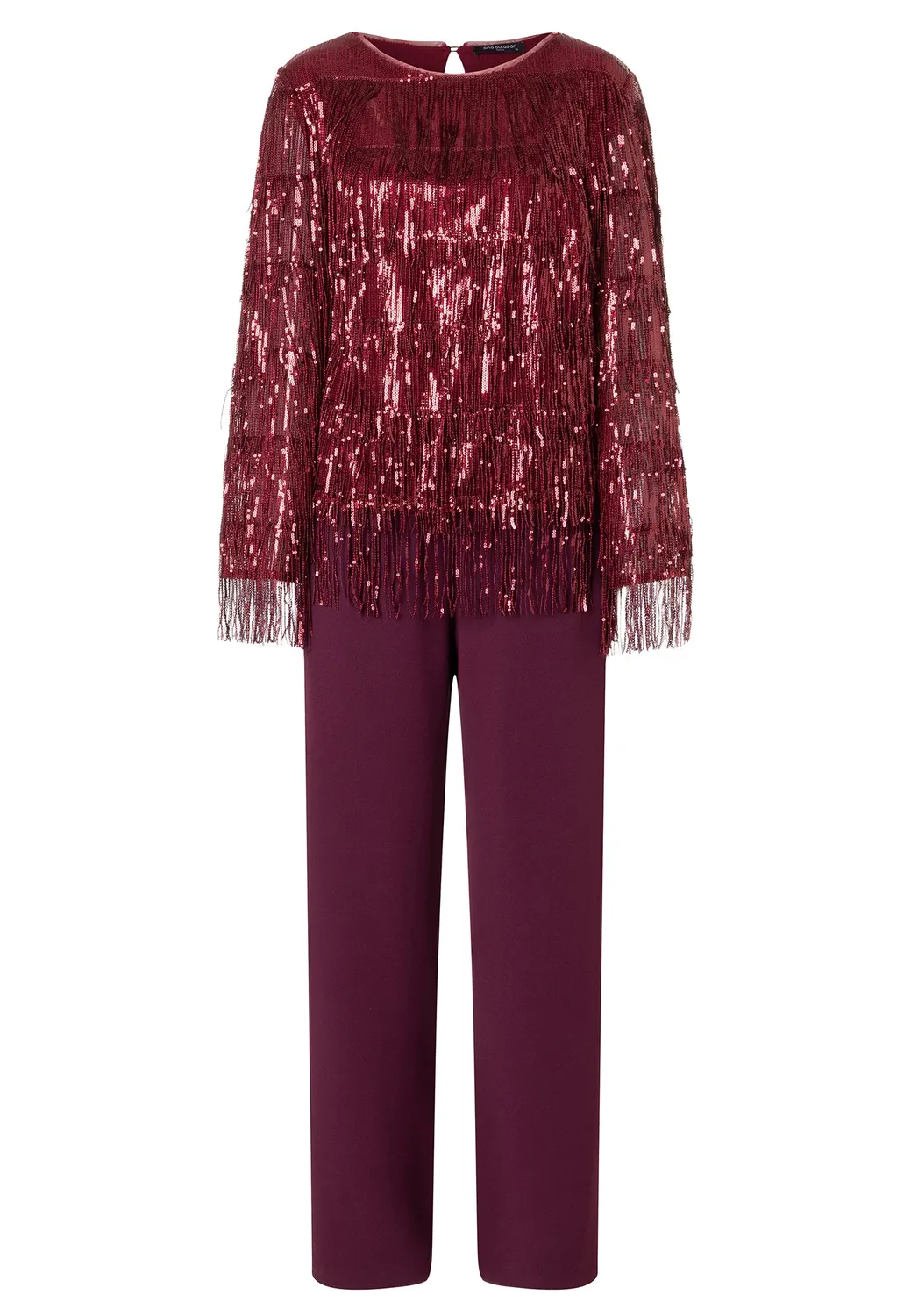 Ana Alcazar Cebata tuta elegante lunga bordeaux frange