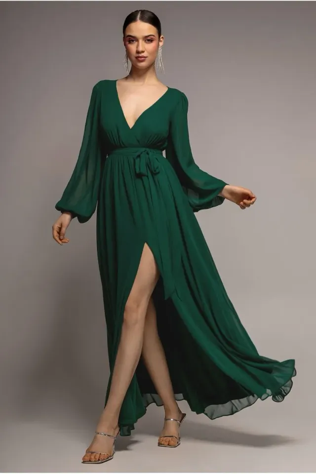 Goddiva Sustainable Wrap Abito Maxi Verde Chiffon