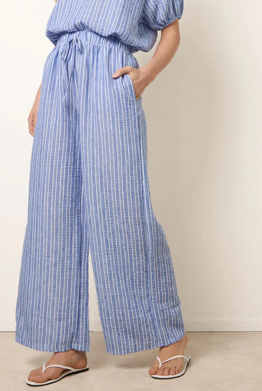 Blue Vanilla pantaloni riga blu gamba larga vita annodata
