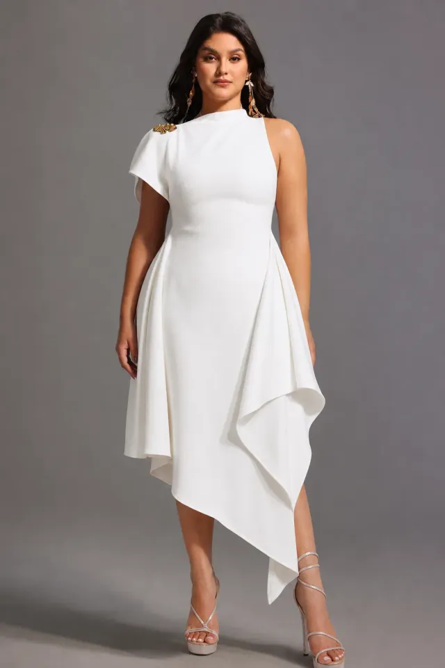 Bella Barnett Weren Abito Maxi Bianco Asimmetrico Collo Alto
