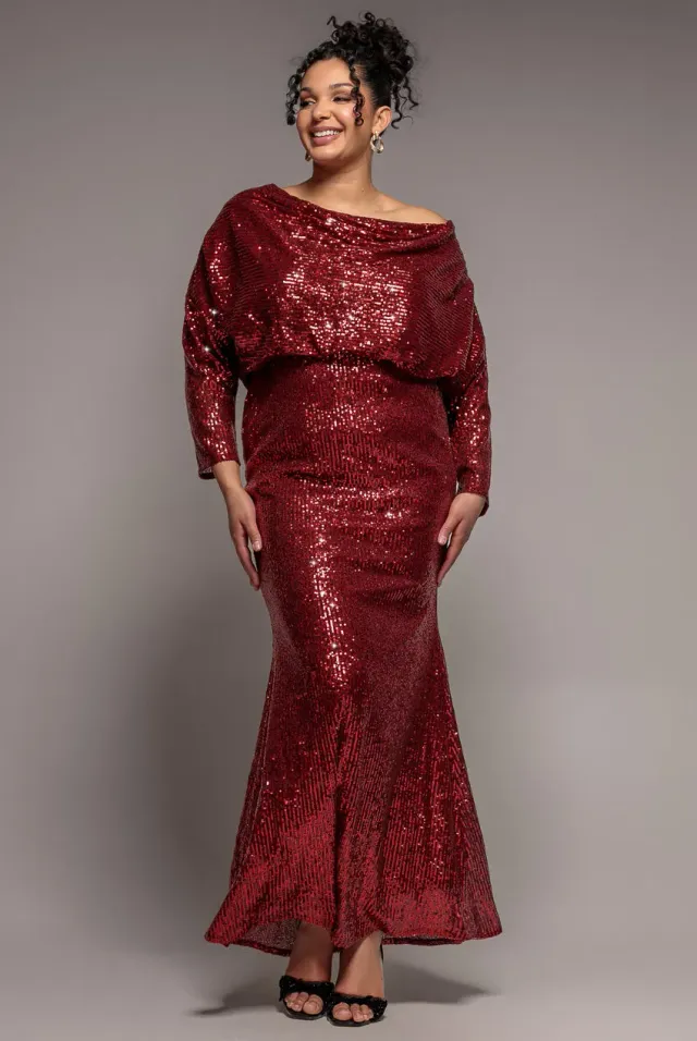 Goddiva Plus DR4051 abito lungo vino paillettes scollo barca