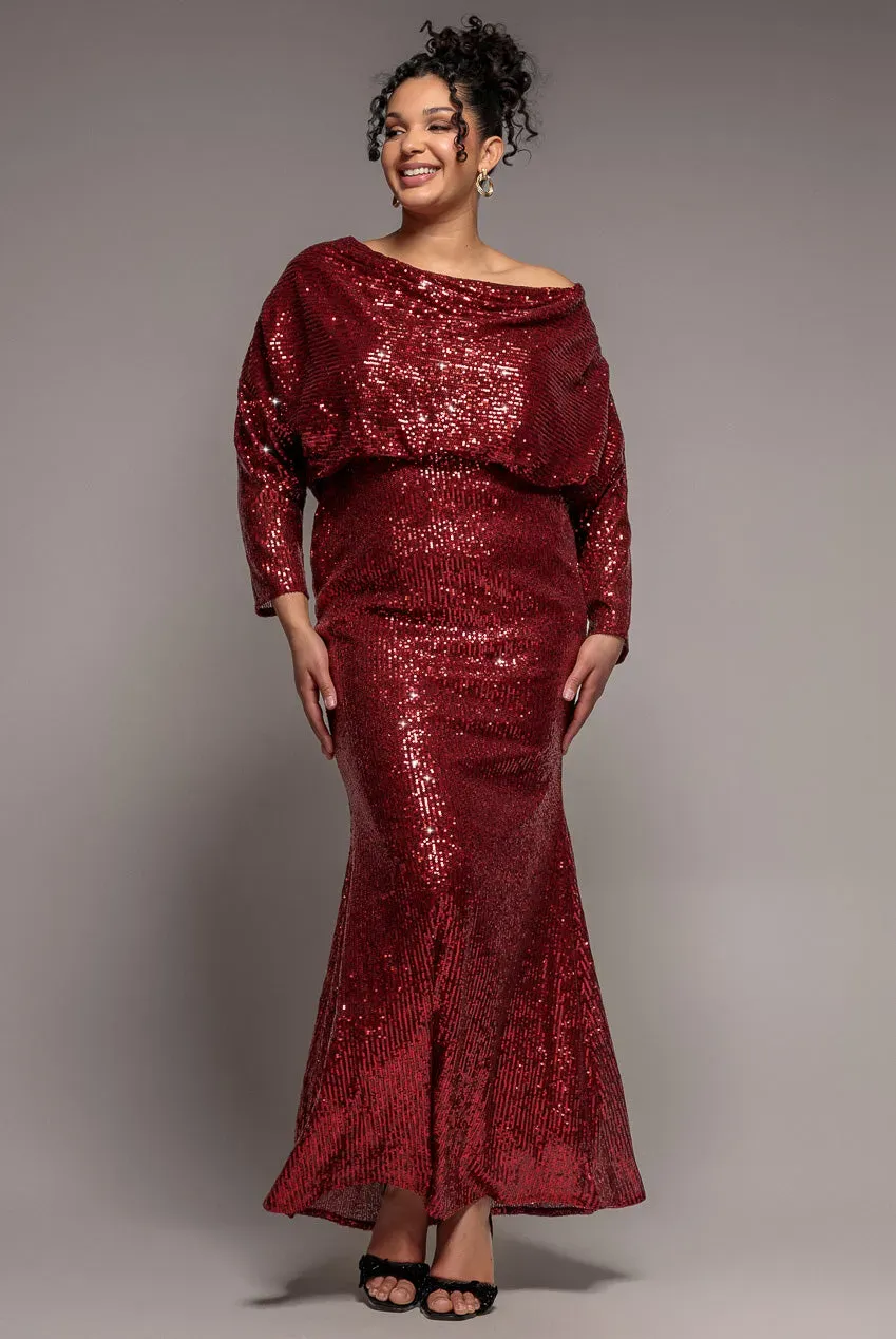 Goddiva Plus DR4051 abito lungo vino paillettes scollo barca