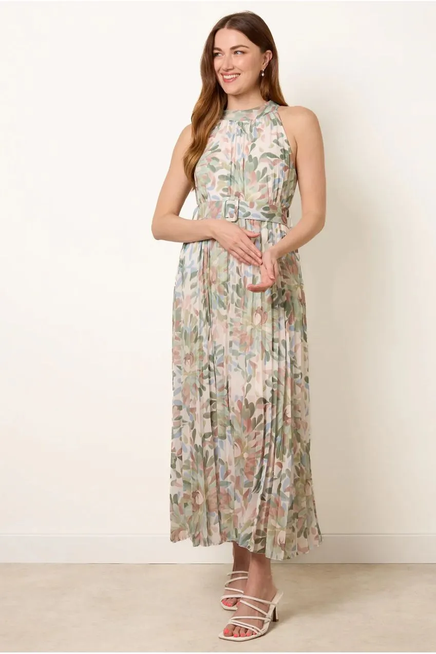 Blue Vanilla Printed Pleated abito midi salvia con cintura