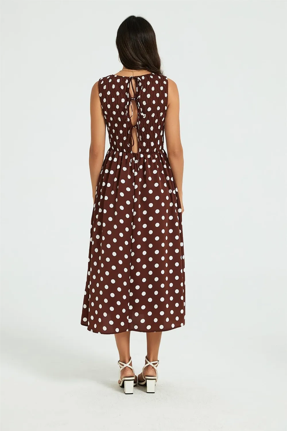 FS Collection Abito Midi Marrone Pois Senza Maniche