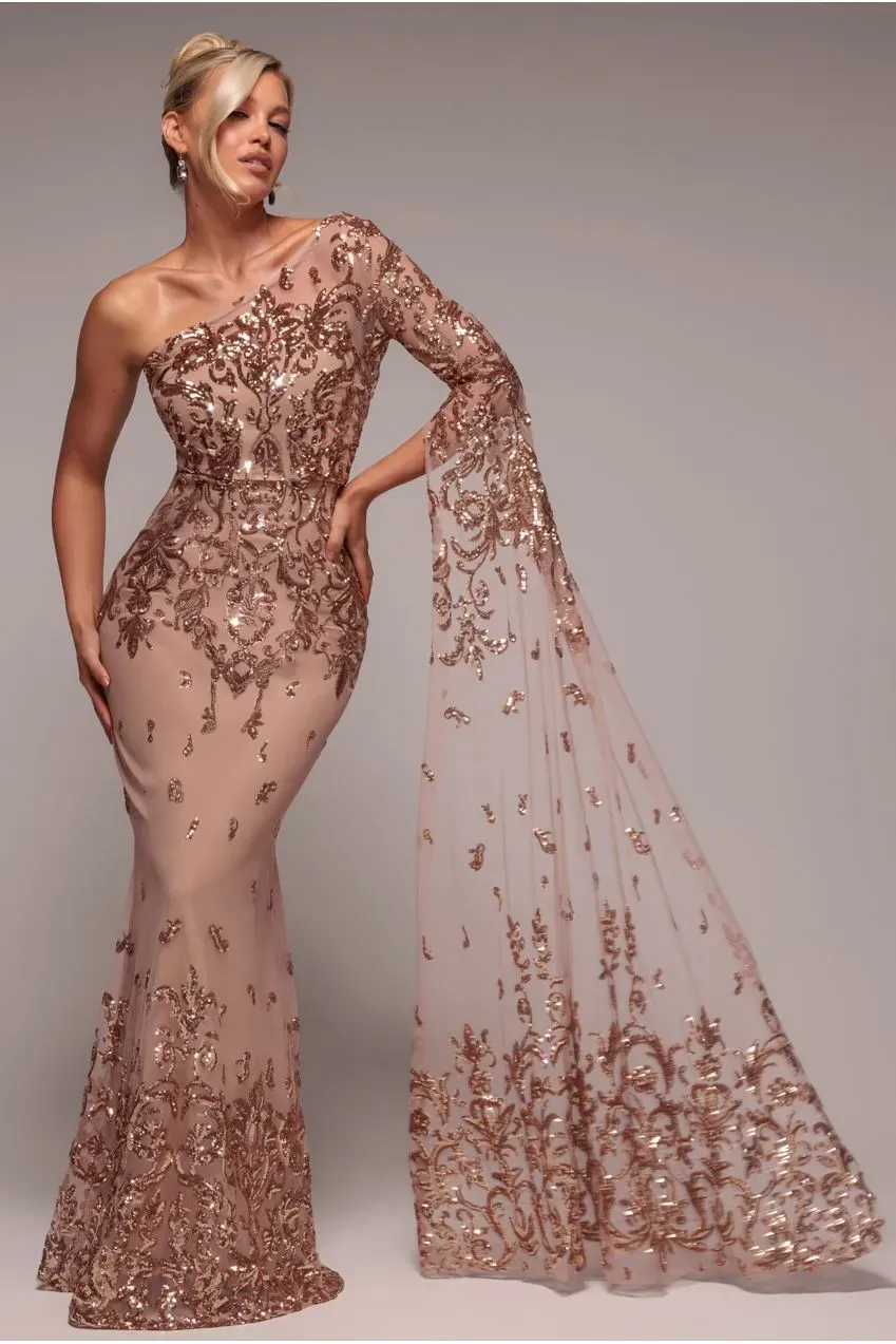 Goddiva Sequin Mesh One Shoulder Abito Maxi Champagne