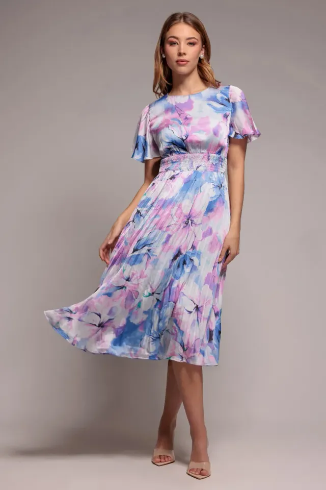 Goddiva Flutter Sleeve abito midi blu floreale plissettato