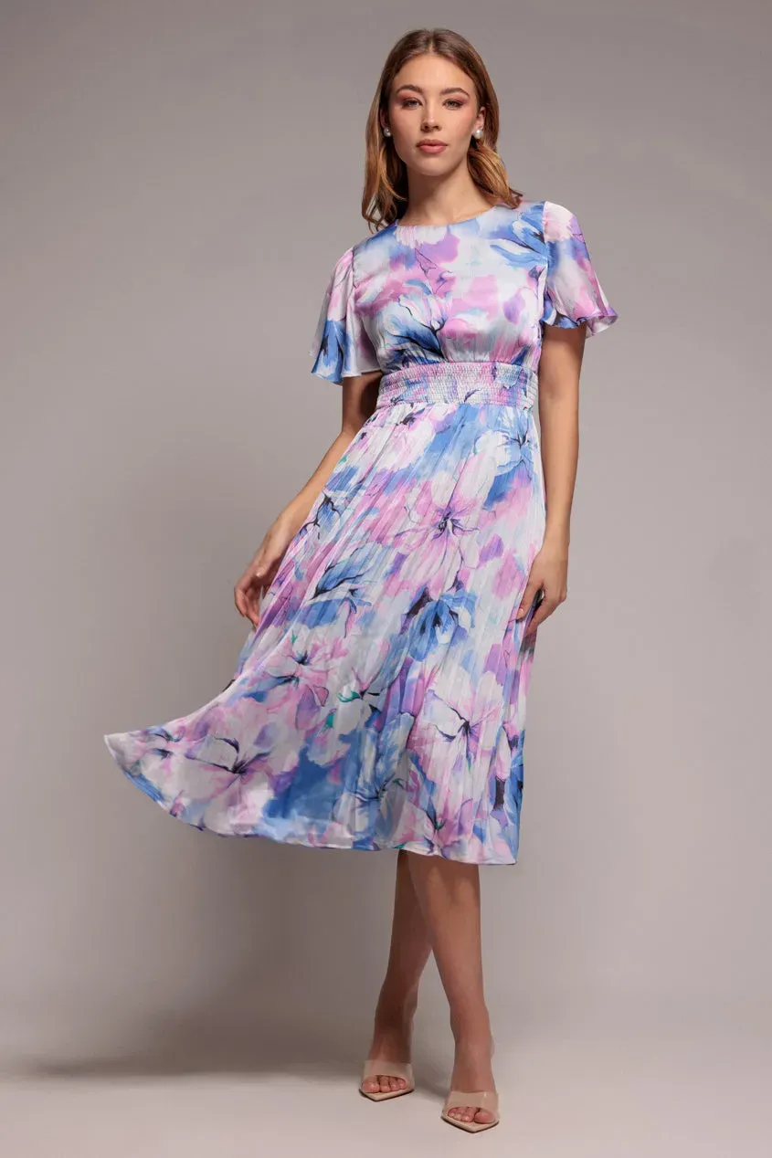 Goddiva Flutter Sleeve abito midi blu floreale plissettato