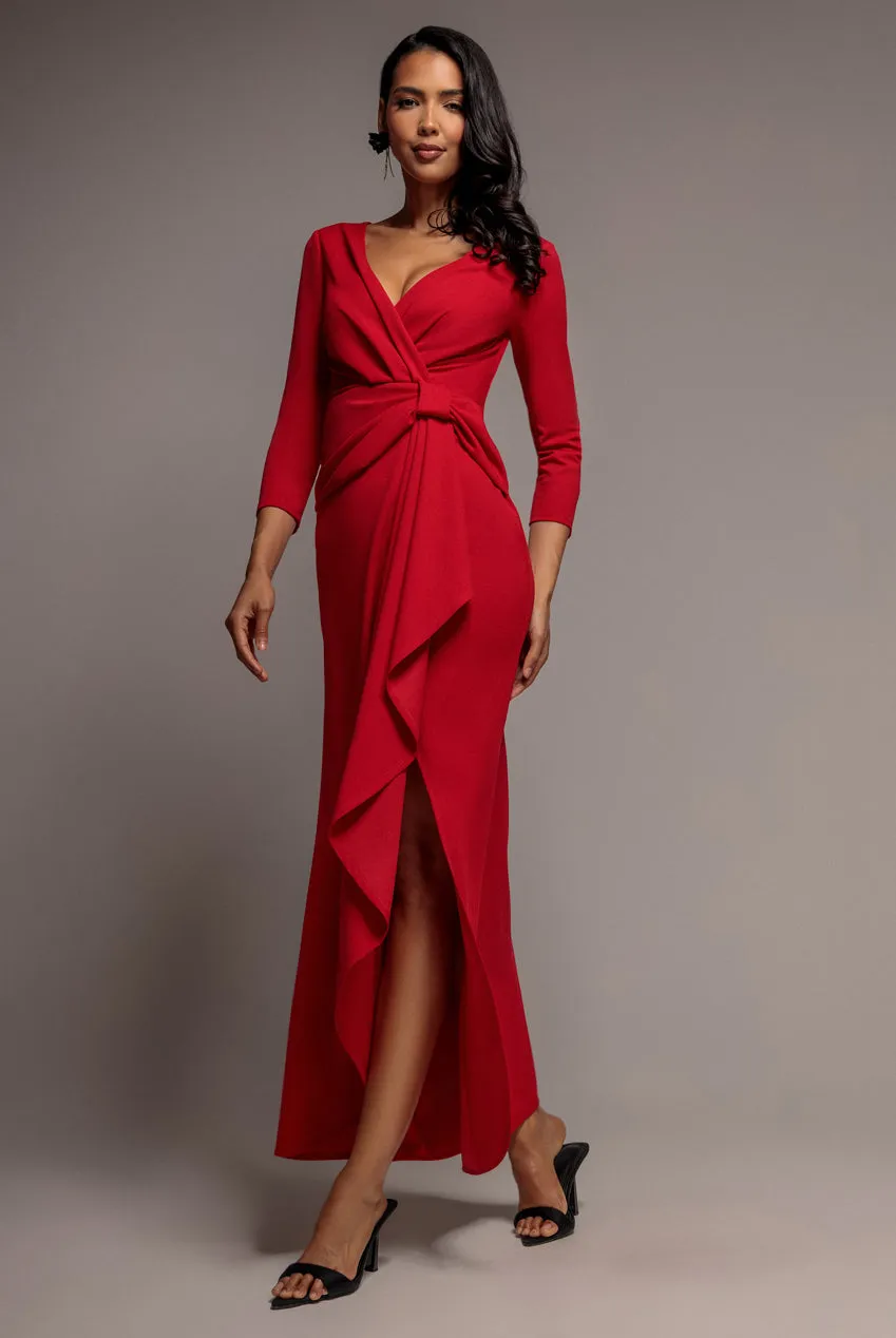 Goddiva Wrap abito maxi rosso scuba asimmetrico