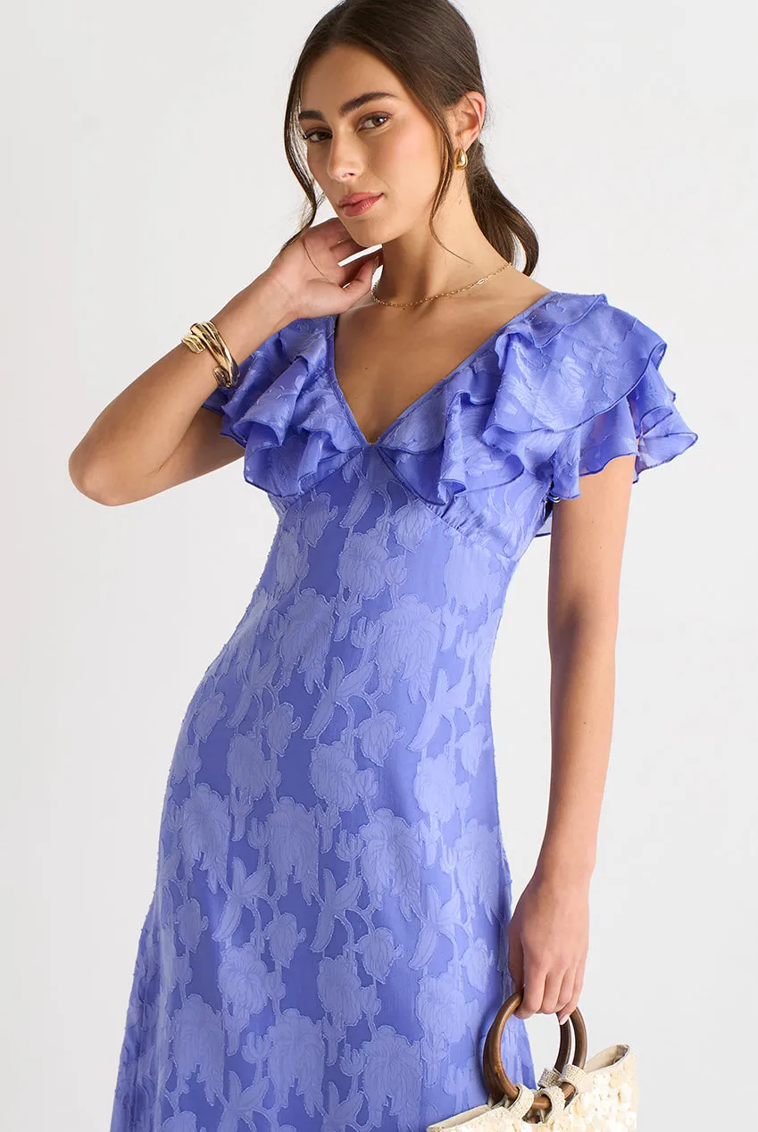 Gini London Ruffle abito maxi blu raso jacquard