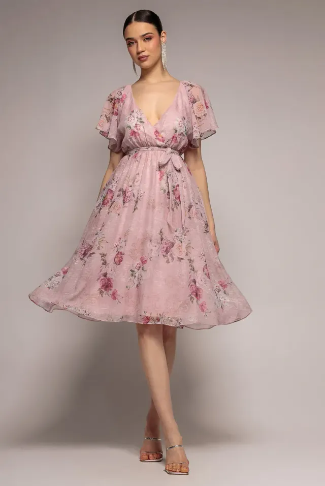 Goddiva Lurex Abito Midi Svasato Rosa Cipria Chiffon