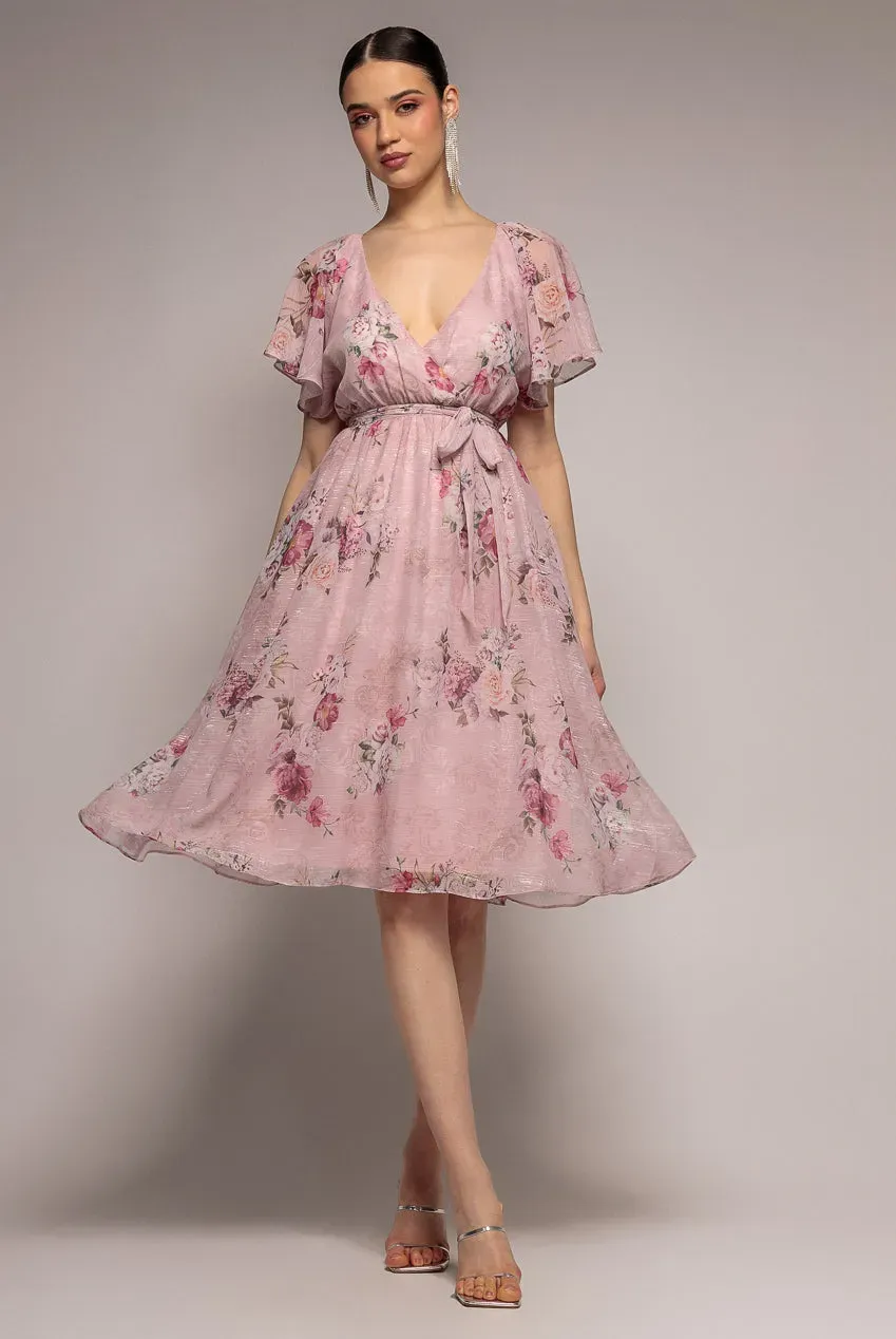Goddiva Lurex Abito Midi Svasato Rosa Cipria Chiffon
