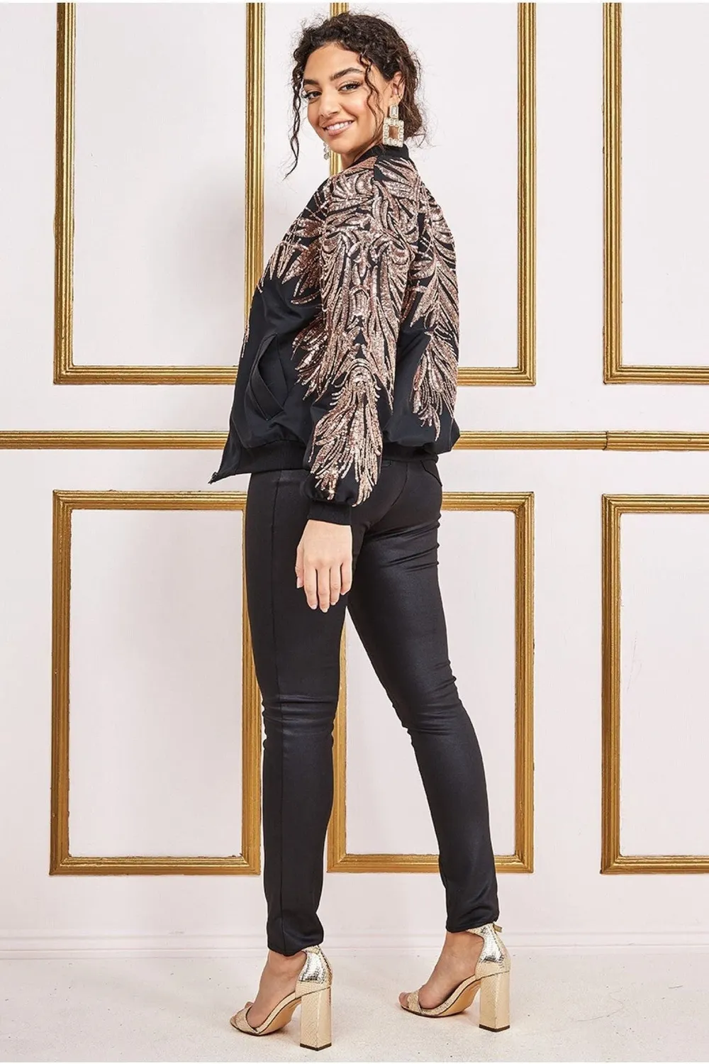 Goddiva JK01 giacca bomber champagne con paillettes ricamate