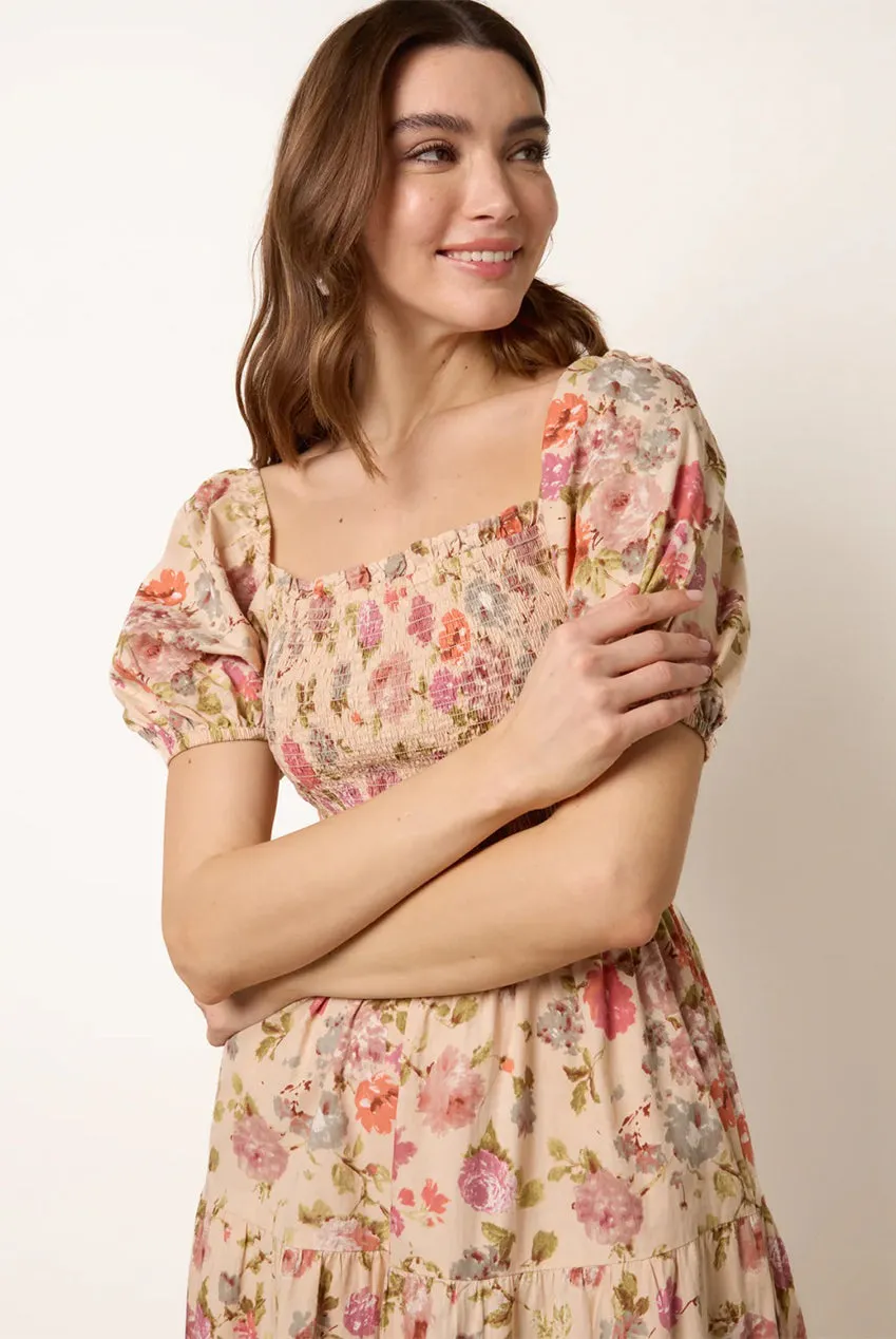 Blue Vanilla Milkmaid Floral Puff Sleeve abito midi multi cotone