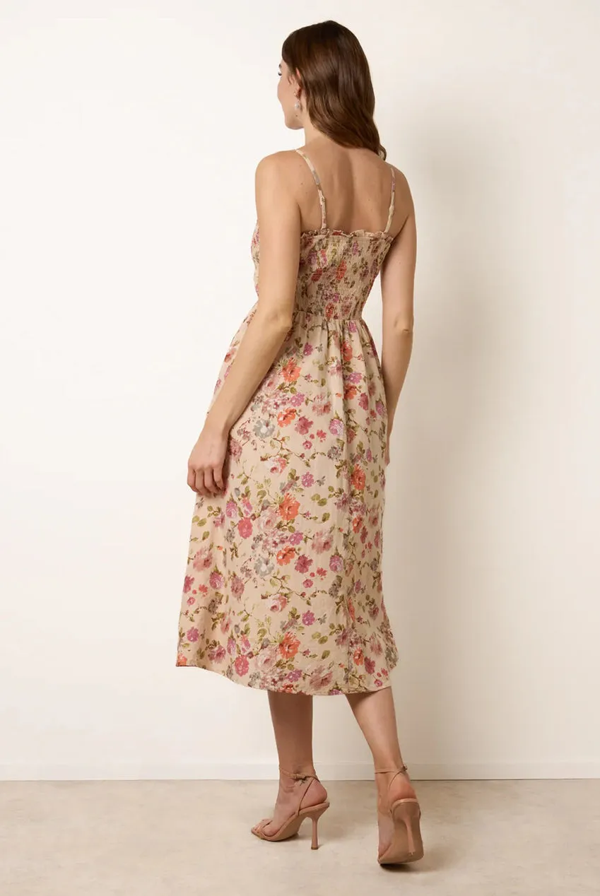 Blue Vanilla Floral Shirred abito midi floreale multi in cotone