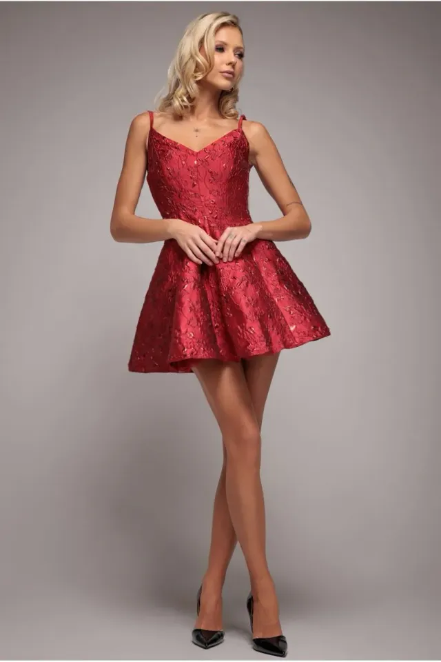 Goddiva DR4163 abito mini rosso jacquard scollo V