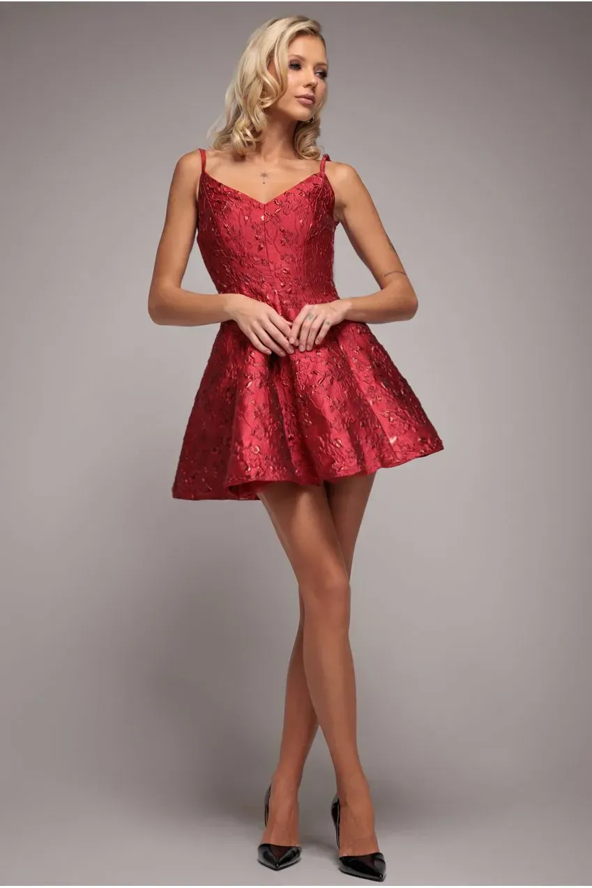 Goddiva DR4163 abito mini rosso jacquard scollo V