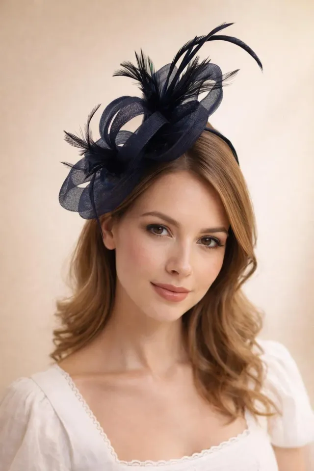 SVNX Bow Feather fascinator blu navy 20x19 cm con piume