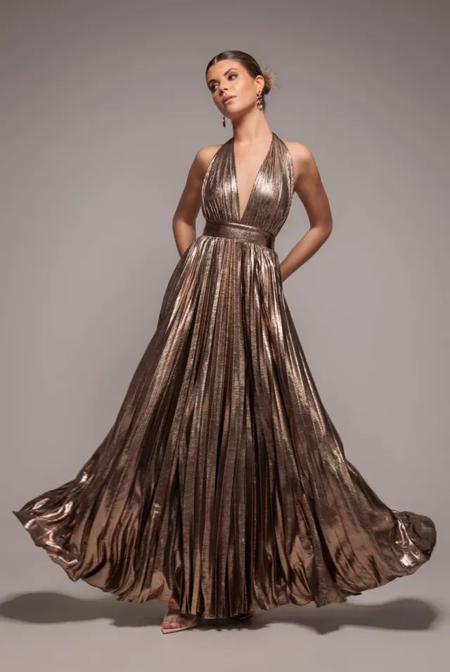 Goddiva Sunrise Foil abito maxi oro scollo halter