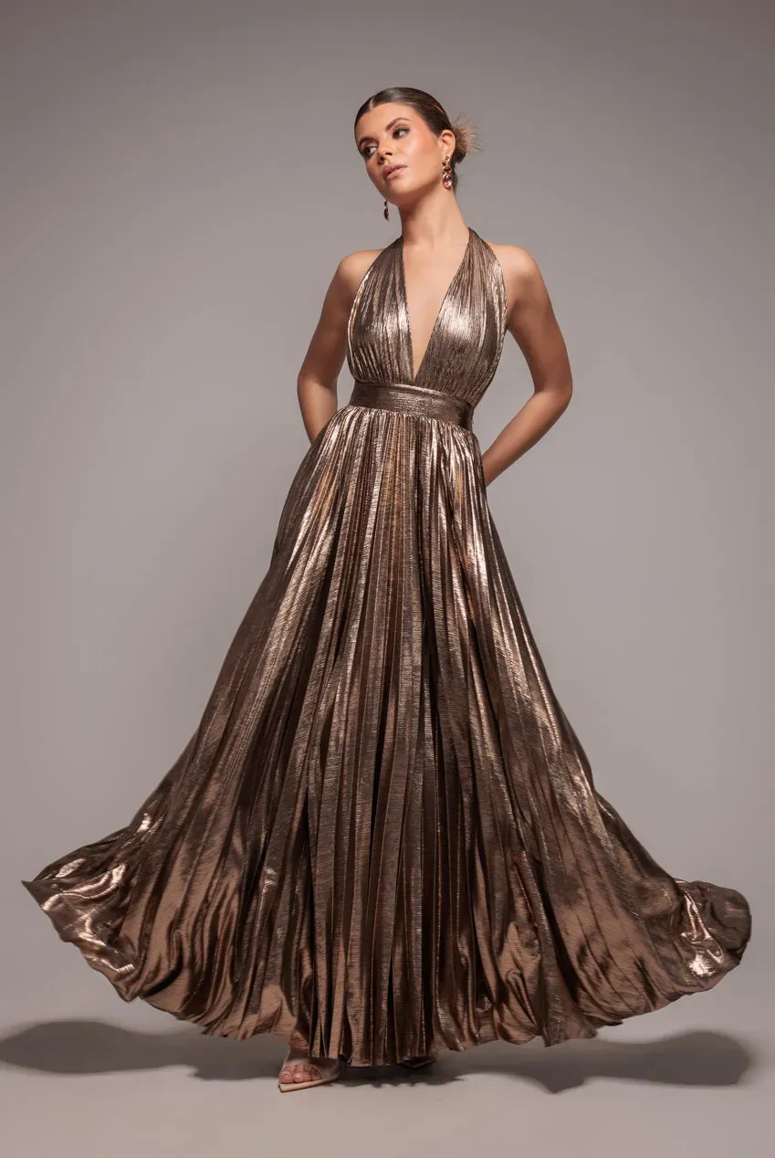 Goddiva Sunrise Foil abito maxi oro scollo halter